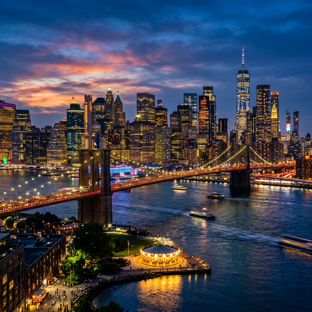 Brooklyn Bridge spanning East River with lit-up Manhattan skyline at sunset
