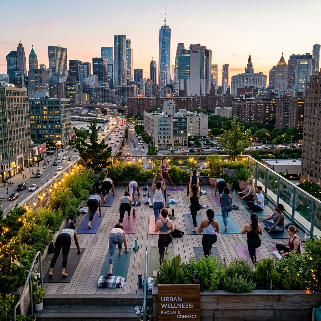 Group of people doing yoga on rooftop with city skyline at sunset