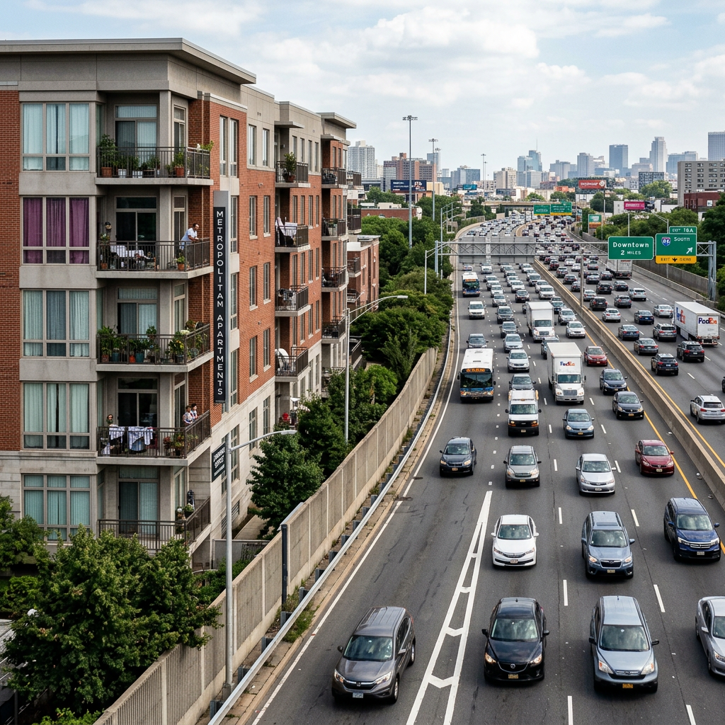 Busy multi-lane highway with heavy vehicle traffic beside apartment buildings